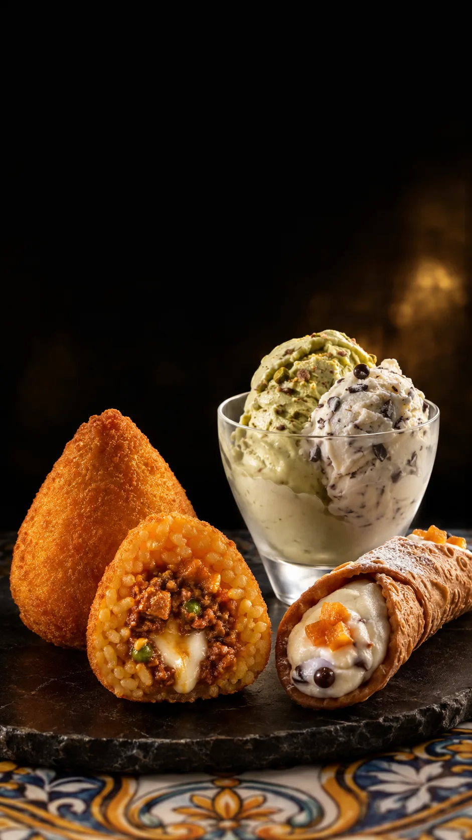 Sicilian Goodness arancini, cannolo and gelato