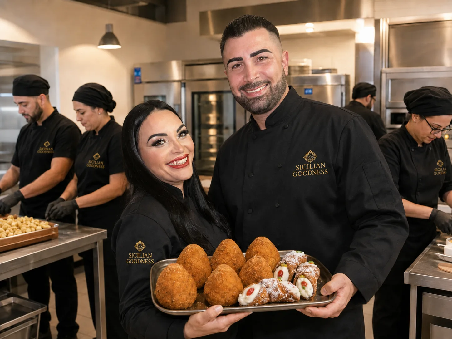 The Sicilian Goodness founders in the production kitchen with a tray of arancini and cannoli The Sicilian Goodness founders in the production kitchen with a tray of arancini and cannoli