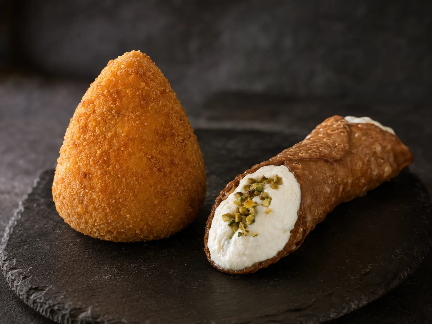 Gluten-free arancino and ricotta cannolo