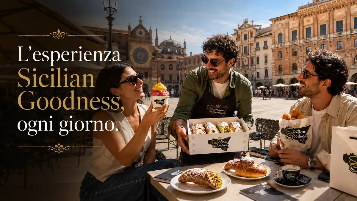 L’esperienza Sicilian Goodness con clienti, specialità siciliane e atmosfera in una piazza italiana