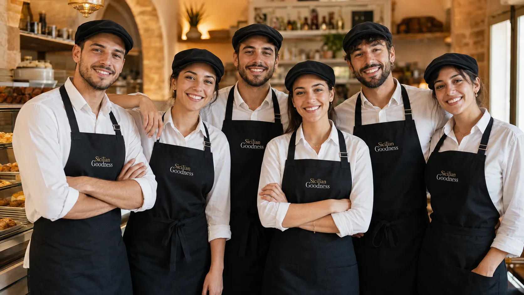 The Sicilian Goodness team in uniform with black coppola caps, white shirts and black aprons The Sicilian Goodness team in uniform with black coppola caps, white shirts and black aprons